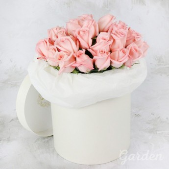 25 нежно-розовых роз в шляпной коробке